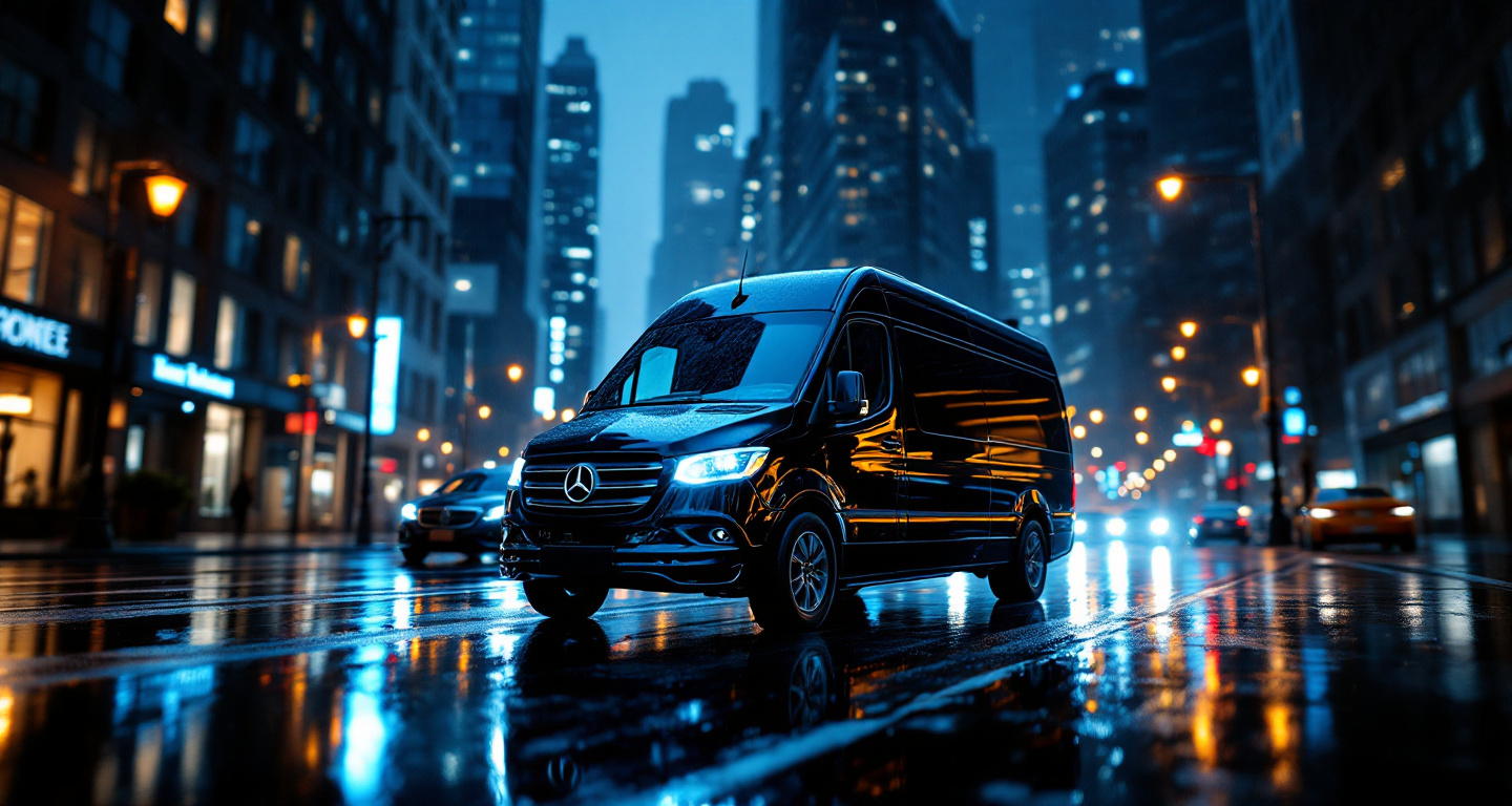 Black Mercedes-Benz Sprinter luxury van on a Manhattan street at night
